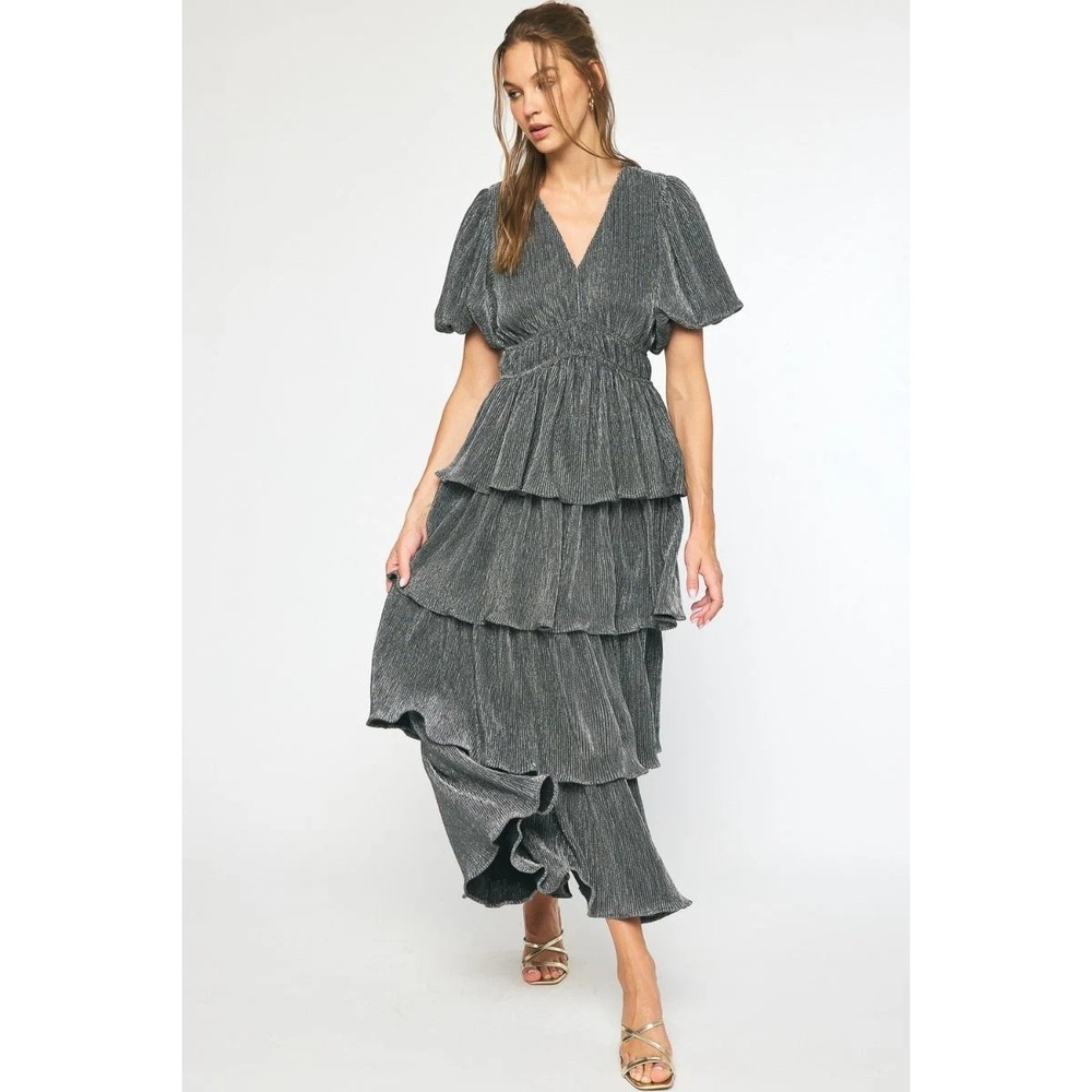 Entro Womens Silver Metallic Tiered Maxi Dress Size Small V-Neck Puff Sleeve